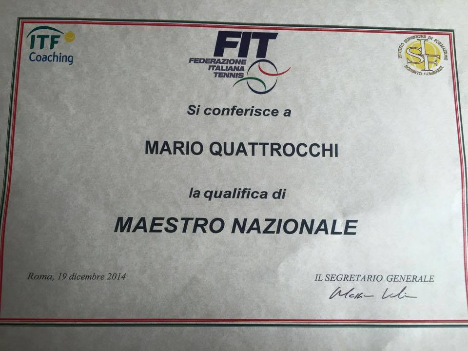 L'attestato della Fit: "Mario Quattrocchi Maestro nazionale"