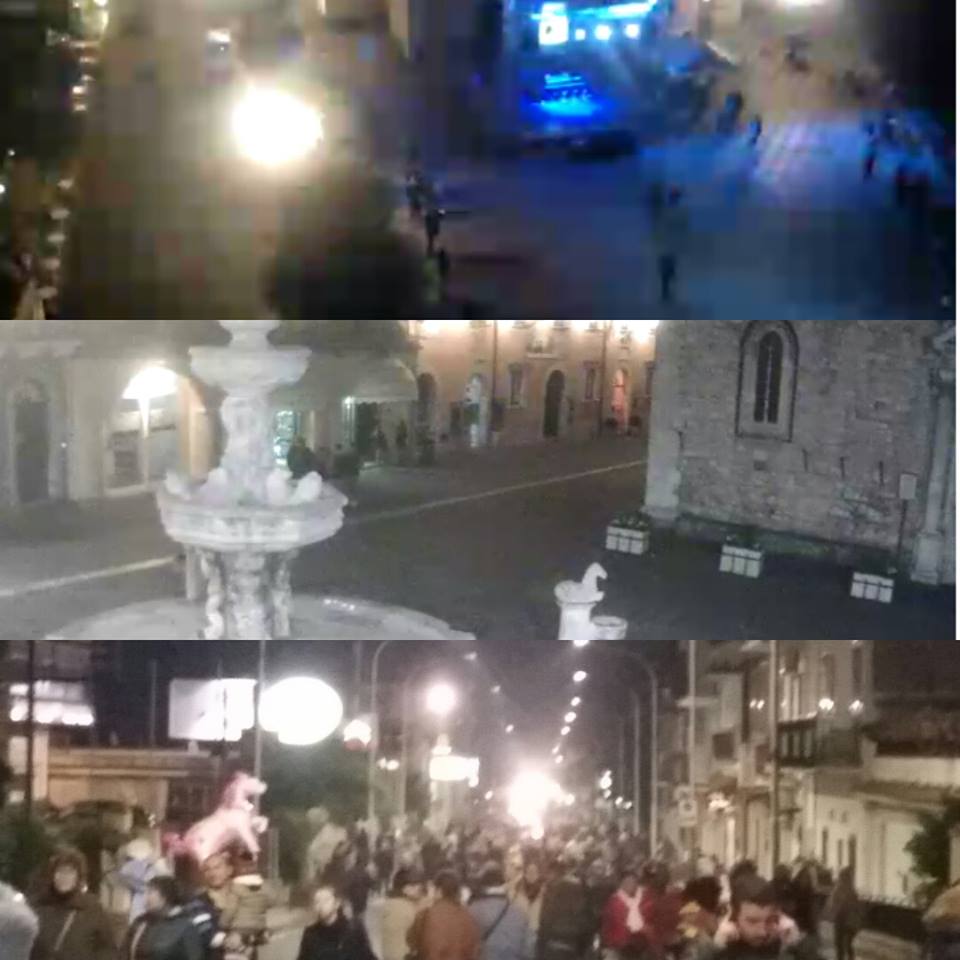 Nella tripla foto inviata da Domenico Cardone: Piazza IX Aprile deserta alle 22.30 del 9 febbraio (in alto); la desolazione in Piazza Duomo (al centro); e la folla di gente per il Carnevale a Trappitello (foto in basso)