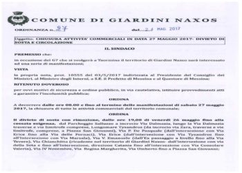 G7 Taormina. Giardini: sabato 27 maggio tutte le attività commerciali rimarranno chiuse per motivi di sicurezza. Stop anche alle fermate dei treni