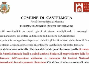 Castelmola. “Coronavirus, comunicate al sindaco il rientro dei cittadini dai territori in cui è presente l’infezione”