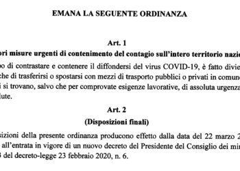 Coronavirus. Divieto di spostamento per le persone dal Comune in cui si trovano (salvo comprovate esigenze)