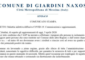 Coronavirus. Giardini. Il sindaco: “Al via tamponi a persone in isolamento, entro 48 ore sapremo se ci sono nuovi casi positivi”