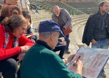 Teatro Antico di Taormina. Lezioni di pittura con il maestro spagnolo Pedro Cano